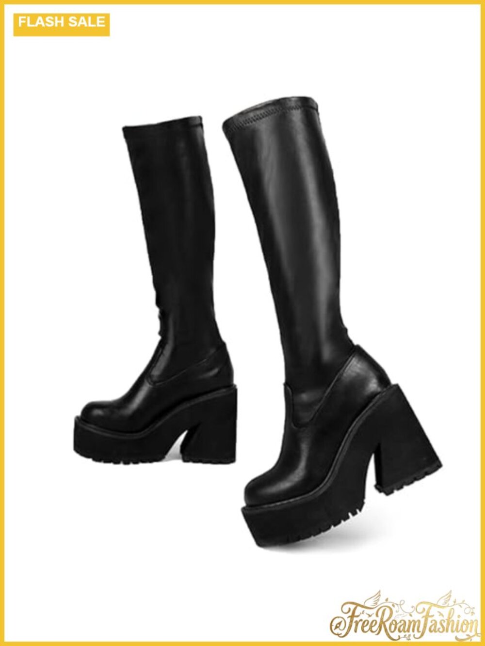 Synthetic Elastic Leather Knee High Boots with Wedge Heel and Platform